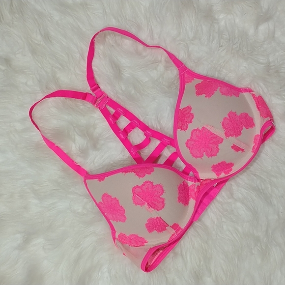 VS PINK lightly lined neon pink & nude floral racer back bra 32B - Picture 2 of 5